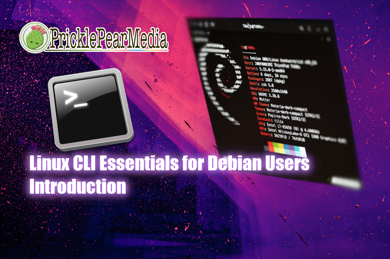 A purple and pink background with a Debian command shell and the words, Linux CLI Essentials for Debian Users – Introduction