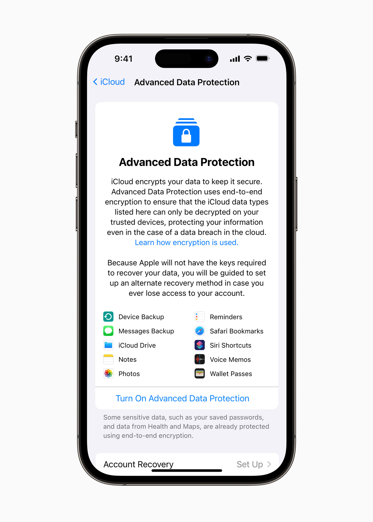 a Picture of an iPhone with with text and small icons on it with a main title that reads, Advanced Data Protection.