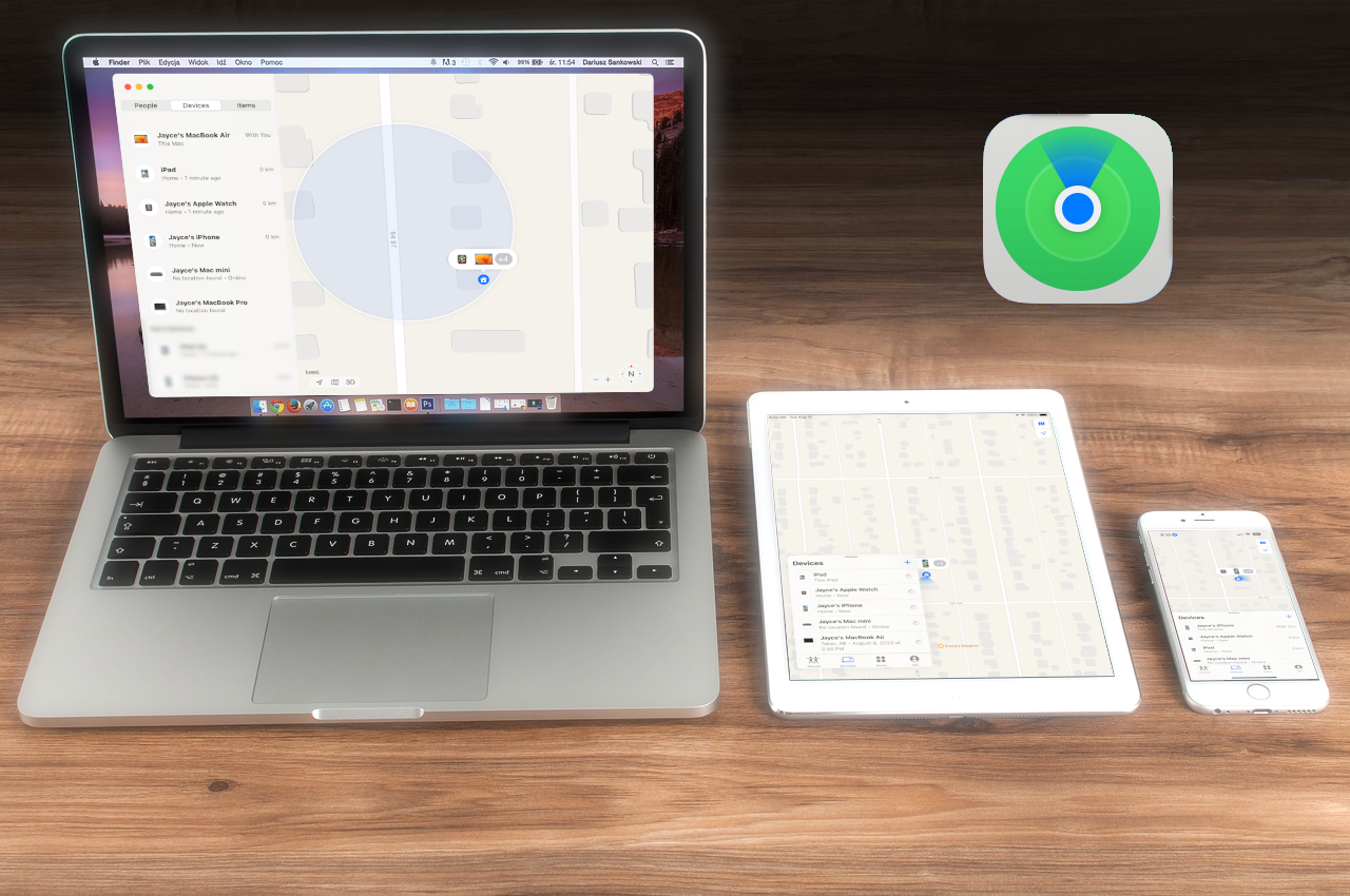 a Picture of several Apple Devices ising the Find My app with the Find My logo prominently displayed in the top right corner.