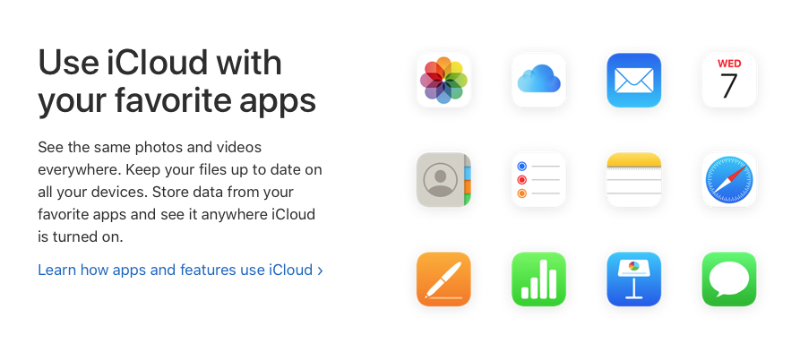 Several Apple app icons with a caption that says, Use iCloud with your favourite apps.