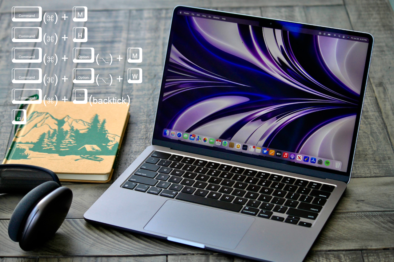 A picture of a grey Macbook Airwith Keyboard shortcuts displayed around the computer.