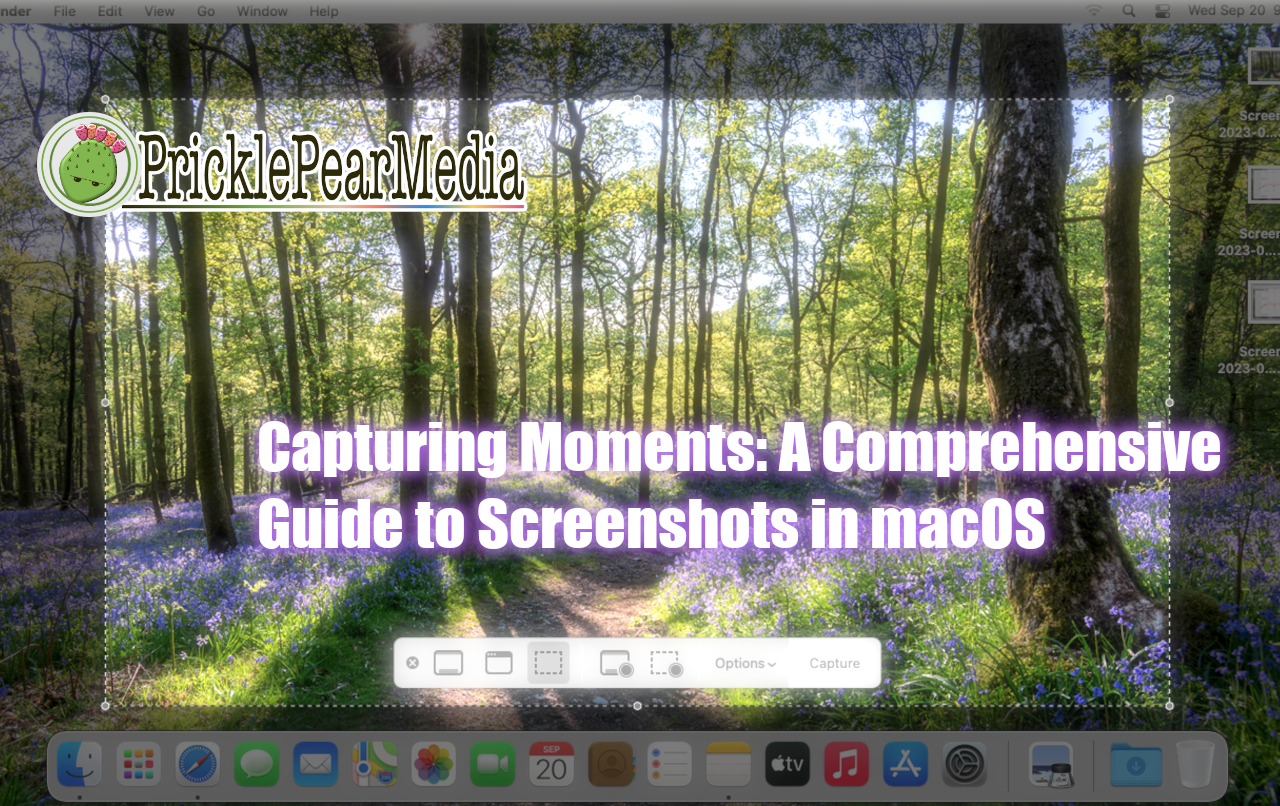 A picture of the macos desktop withthe PricklePearMedia logo and the words, Capturing Moments: A Comprehensive Guide to Screenshots in macOS.