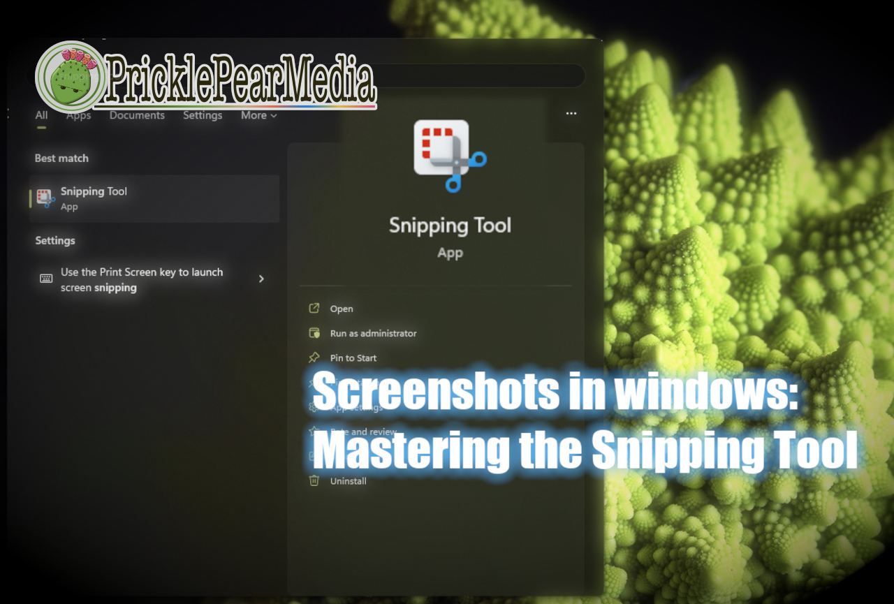 Picture of the Windows start Menu containing the snipping tool icon with the text, Screenshots in Windows: Mastering the Snipping Tool.