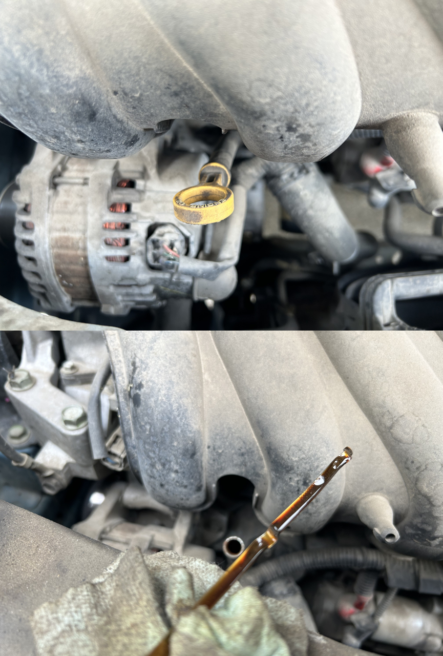 Two Pictures: one of a car engine compartment with a yellow pull ring attached to the oil dipstick that reads engine oil. The other picture shows the dipstick with clean but dark brown engine oil.