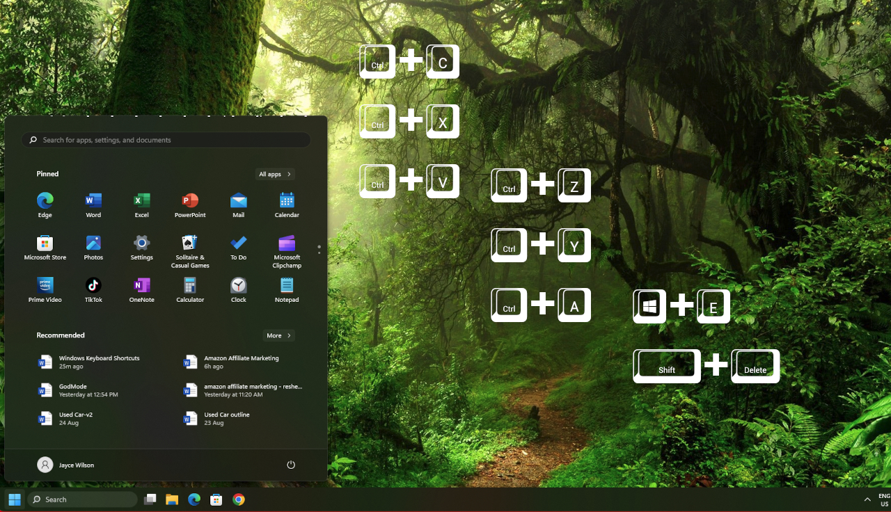 The Windows desktop with several keyboard shortcuts in the picture
